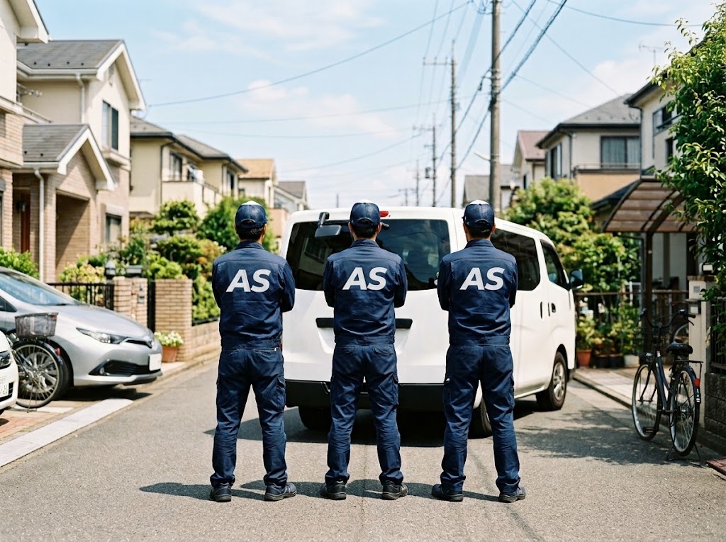 AS ロゴ入りの作業着を着たスタッフ3人と、白い社用車が並ぶ住宅街
